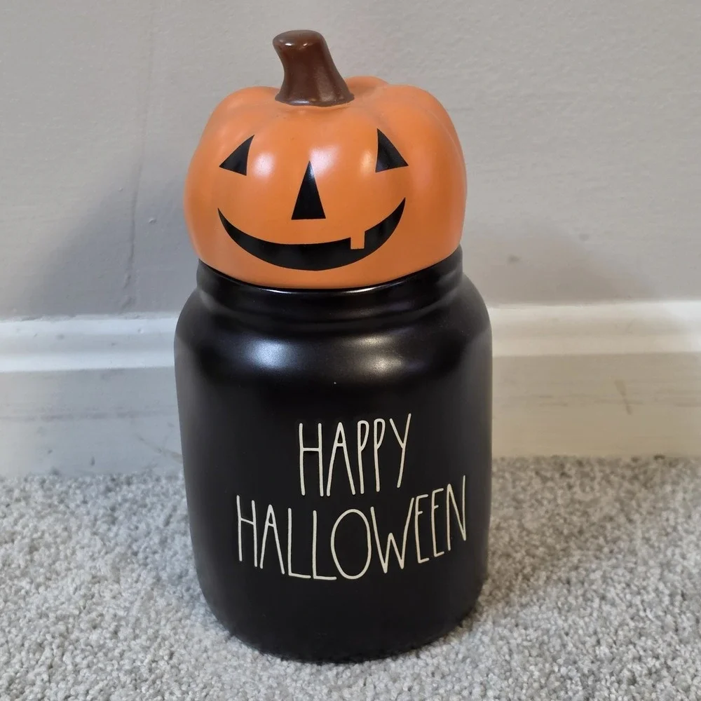 Rae Dunn Happy Halloween Jack-O-Lantern Canister Black and Orange